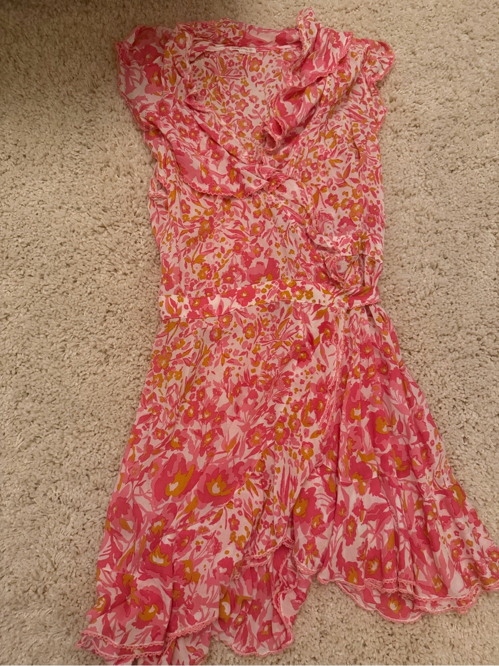 Poupette St. Barth Pink and Yellow Floral Asymmetrical Wrap Dress
